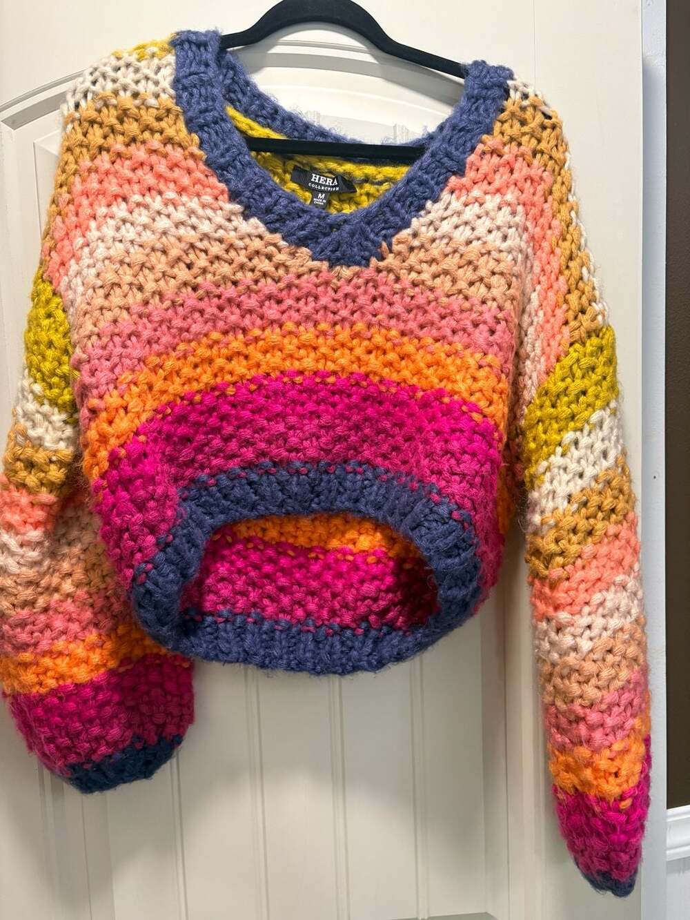Hera Collection Chunky Rainbow Multi-Color Block Crochet Knit Crop Sweater, soft